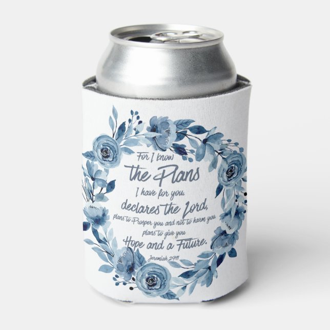 Jeremiah 29:11 For I know the Plans Blue Floral Can Cooler (Can Front)