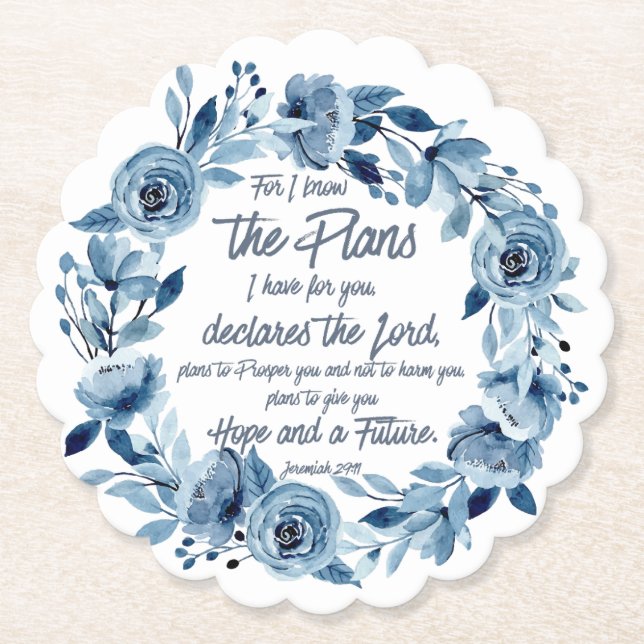 Jeremiah 29:11 For I know the Plans Blue Floral Paper Coaster (Front)