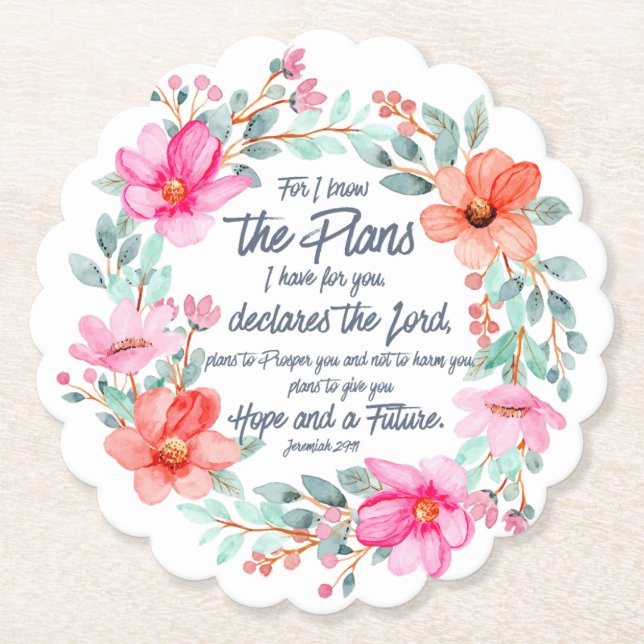 Jeremiah 29:11 For I know the Plans Pink Floral Paper Coaster (Front)