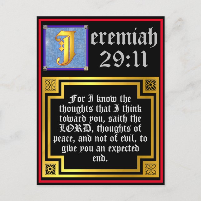 Jeremiah 29:11 Gold Illuminated Letter Bible Quote Holiday Postcard (Front)
