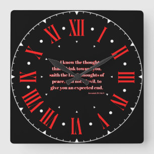 Jeremiah 29:11 KJV Bible Verse Red Roman Numeral Square Wall Clock