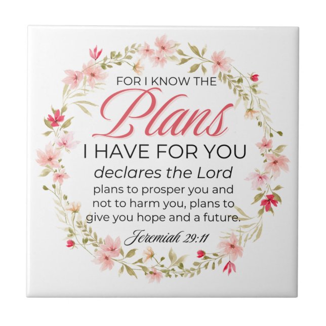 Jeremiah 29:11 Pink Flowers Wreath Bible Verse Tile (Front)