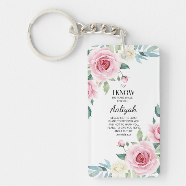 Jeremiah 29:11 Pink Rose Personalise Key Ring (Front)