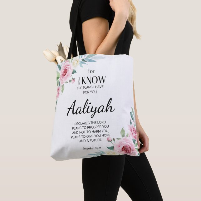 Jeremiah 29:11 Pink Rose Personalise Tote Bag (Close Up)