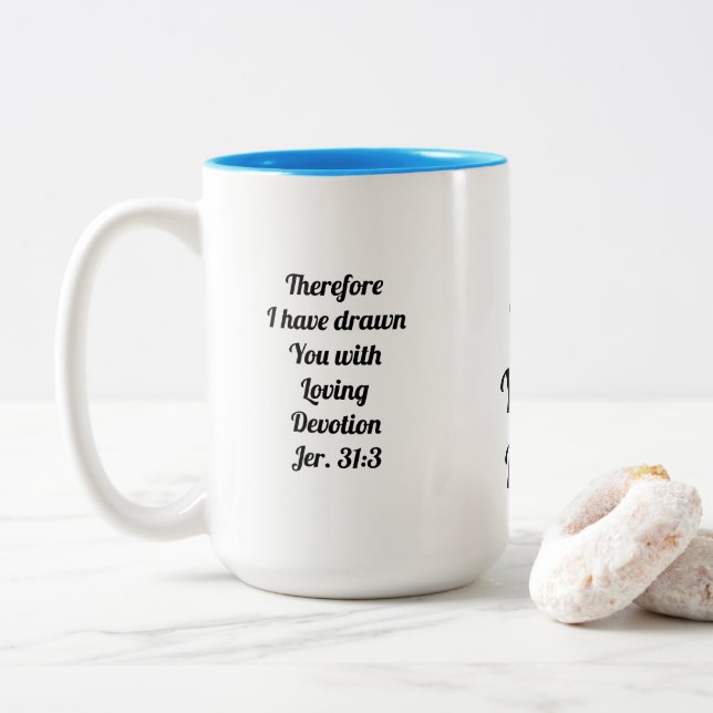 Jeremiah 31:3 God loves you! Two-Tone Coffee Mug (With Donut)