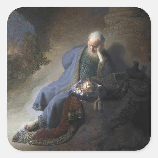 Jeremiah Lamenting on Fall of Jerusalem, Rembrandt Square Sticker (Front)