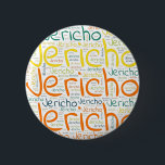 Jericho 6 Cm Round Badge<br><div class="desc">Jericho. Show and wear this popular beautiful male first name designed as colourful wordcloud made of horizontal and vertical cursive hand lettering typography in different sizes and adorable fresh colours. Wear your positive american name or show the world whom you love or adore. Merch with this soft text artwork is...</div>