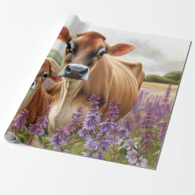 Jersey Cow and Calf Wildflower Decoupage Wrapping Paper (Unrolled)