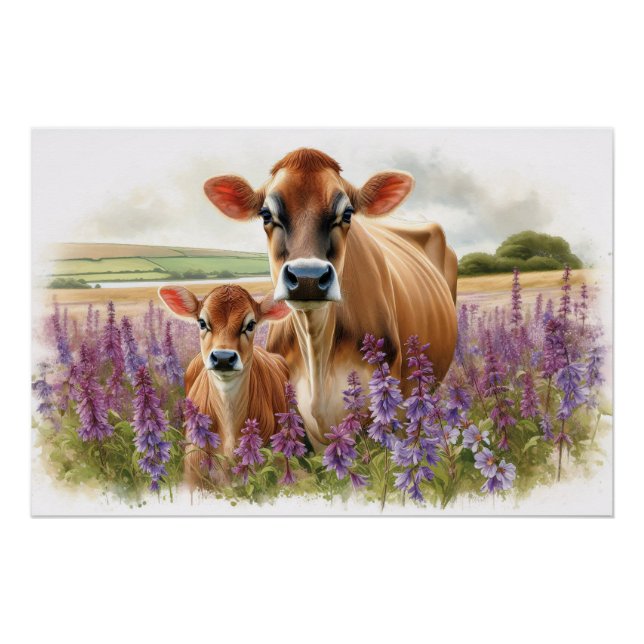 Jersey Cow and Calf Wildflower Poster (Front)