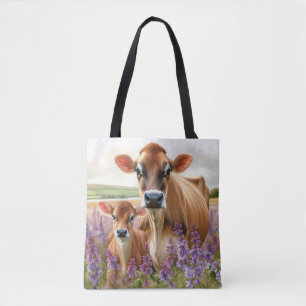 Jersey Cow and Calf Wildflower Tote Bag