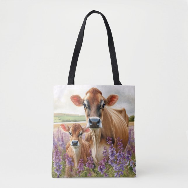 Jersey Cow and Calf Wildflower Tote Bag (Front)