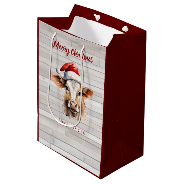 Jersey Cow Barn Wood "Moory Christmas"  Medium Gift Bag (Front Angled)