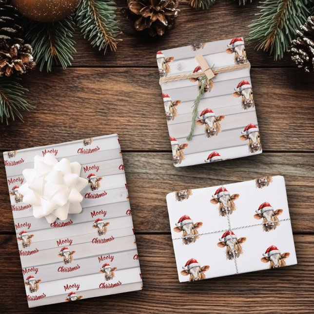 Jersey Cow, Barn Wood, "Moory Christmas"  Wrapping Paper Sheet (Moory christmas jersey cow gift wrap)