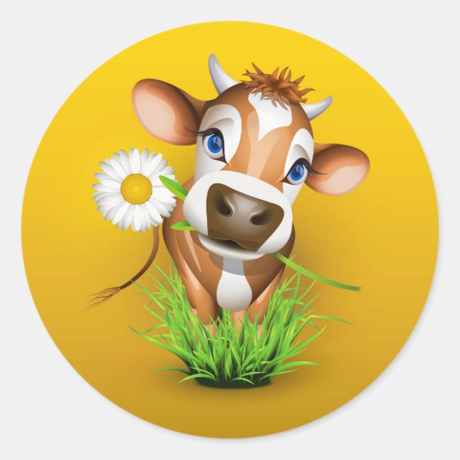Jersey cow in grass over yellow classic round sticker (Front)
