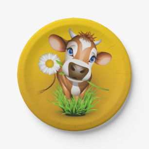 Jersey cow in grass over yellow paper plate