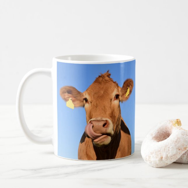 Jersey Cow Licking its Nose Coffee Mug (With Donut)