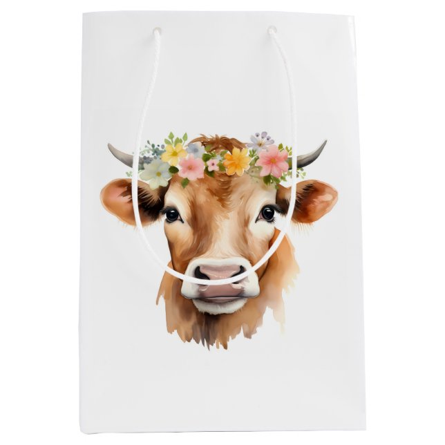 Jersey Cow Wearing Flowers Floral Girl's Birthday Medium Gift Bag (Front)