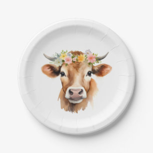 Jersey Cow Wearing Flowers Floral Girl's Birthday Paper Plate