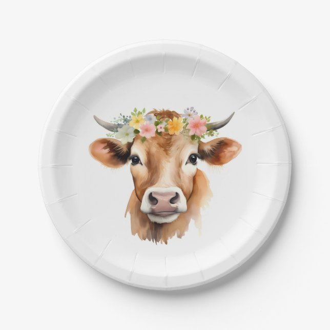 Jersey Cow Wearing Flowers Floral Girl's Birthday Paper Plate (Front)
