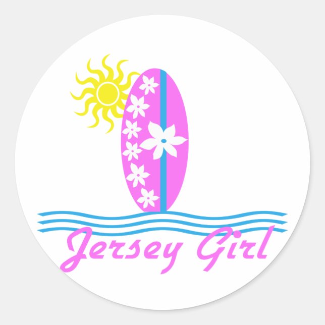Jersey Girl baby Bodysuit Pink Surfboard W/Sun Classic Round Sticker (Front)