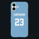 Jersey Name Number Light Blue White Custom iPhone 16 Plus Case<br><div class="desc">Add a name and number(s) to personalise this custom light blue and white sports jersey inspired phone case. It is an excellent gift for a sports fan or athlete. The options to change the colour and font sizes are available.</div>
