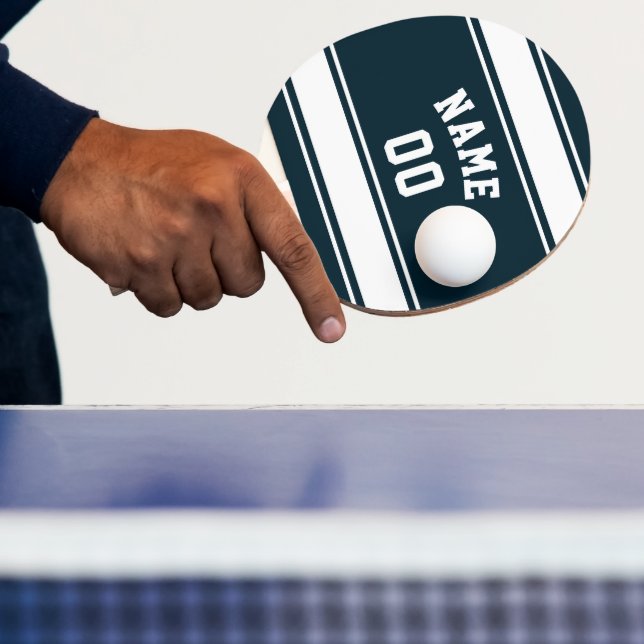 Jersey Style Blue and White Personalised Ping Pong Paddle (Insitu)