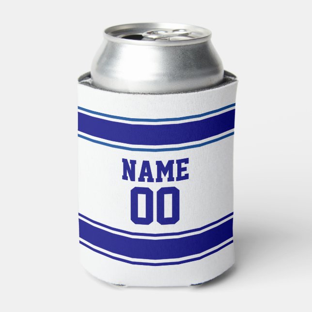 Jersey Style Custom Name and Number Navy Blue Can Cooler (Can Front)