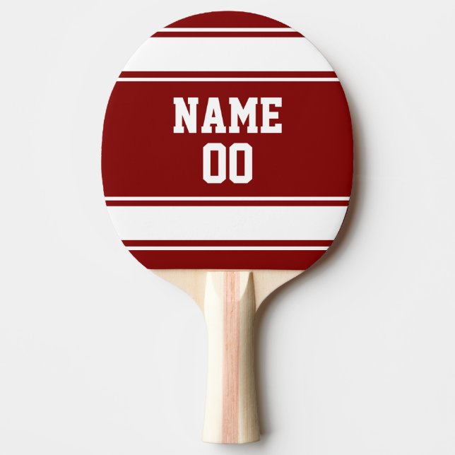 Jersey Style Maroon and White Personalised Ping Pong Paddle (Front)
