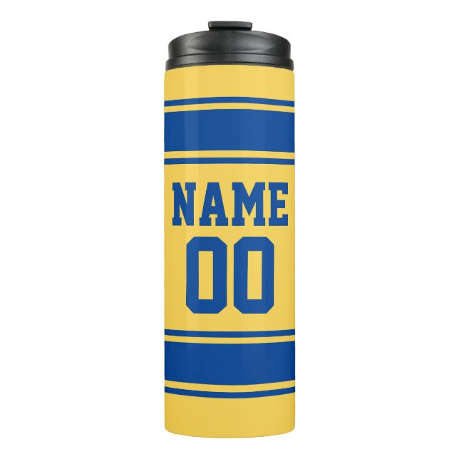 Jersey Style Yellow & Blue Custom Name and Number Thermal Tumbler (Front)