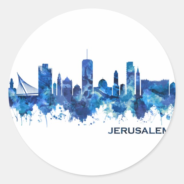 Jerusalem Israel Skyline Blue Classic Round Sticker (Front)