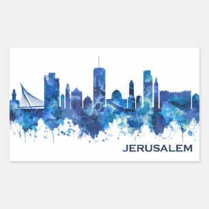 Jerusalem Israel Skyline Blue Rectangular Sticker