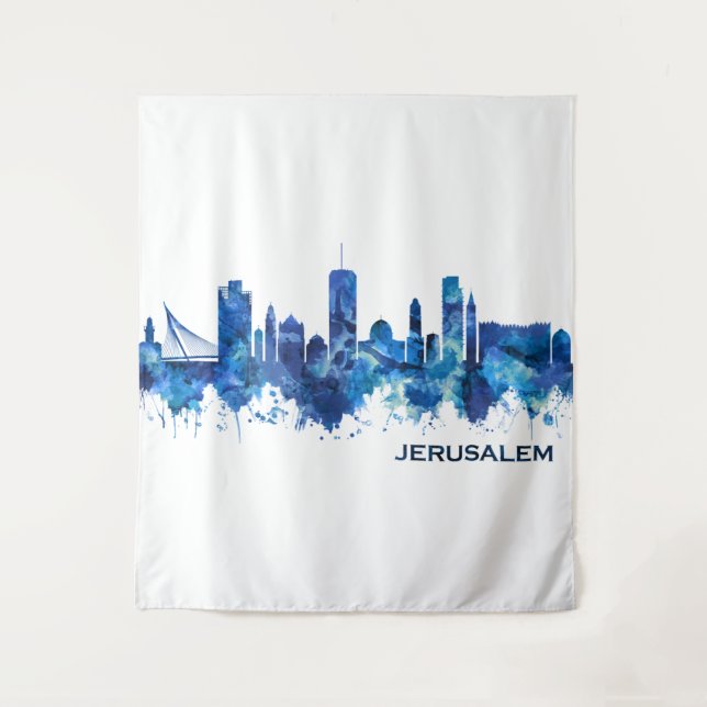 Jerusalem Israel Skyline Blue Tapestry (Front)
