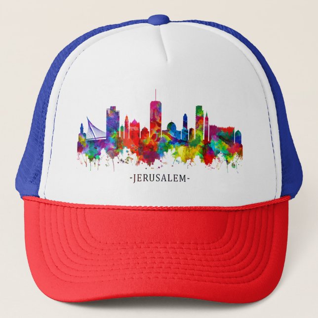 Jerusalem Israel Skyline Trucker Hat (Front)