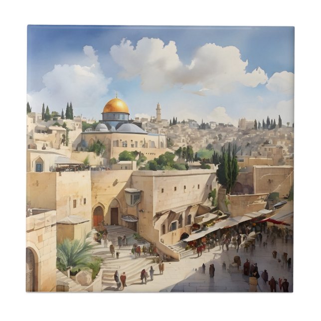 Jerusalem Israel watercolor art Tile (Front)