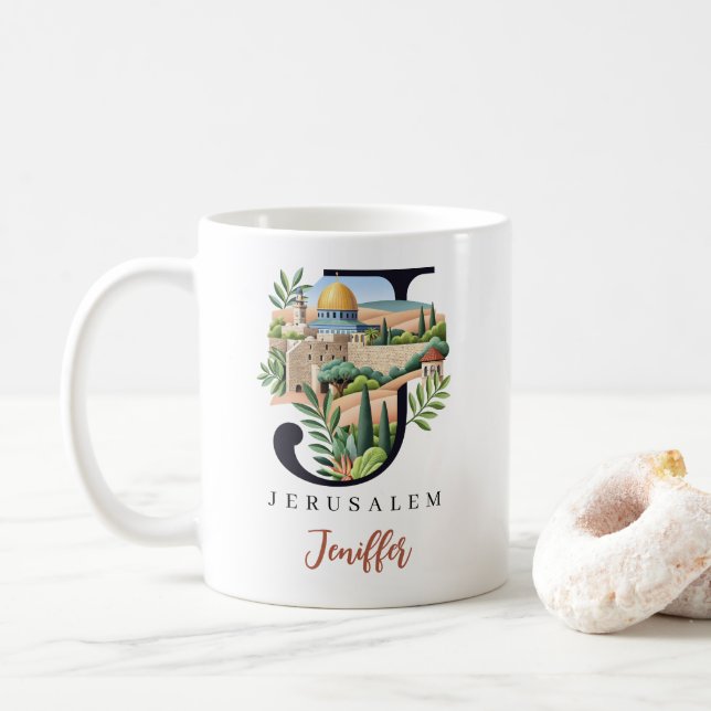 Jerusalem Monogram Letter J Personalised Gift Coffee Mug (With Donut)