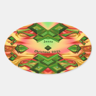 JESSA ~ CHRISTMAS 2025 Green Red Yellow Fractal ~ Oval Sticker
