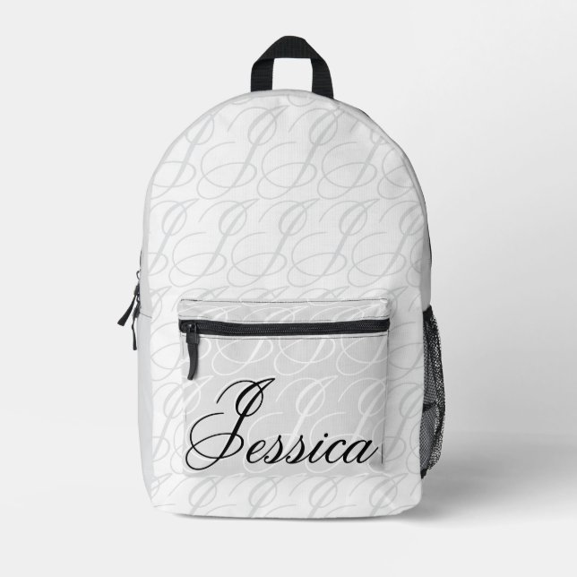 Jessica Custom Name Elegant Script Black White Printed Backpack (Front)