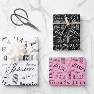 Jessica Custom Name Pink Black White Wrapping Paper Sheet