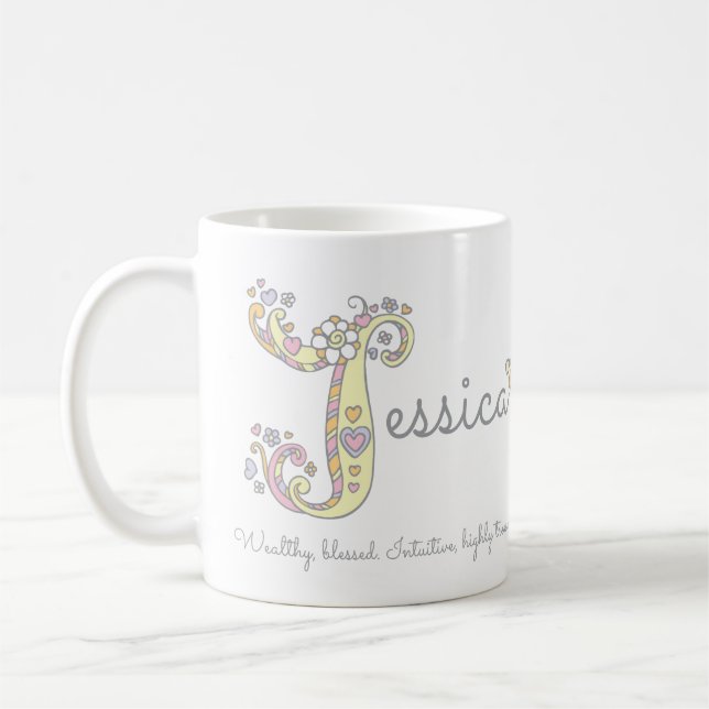 Jessica J name and meaning monogram mug (Left)