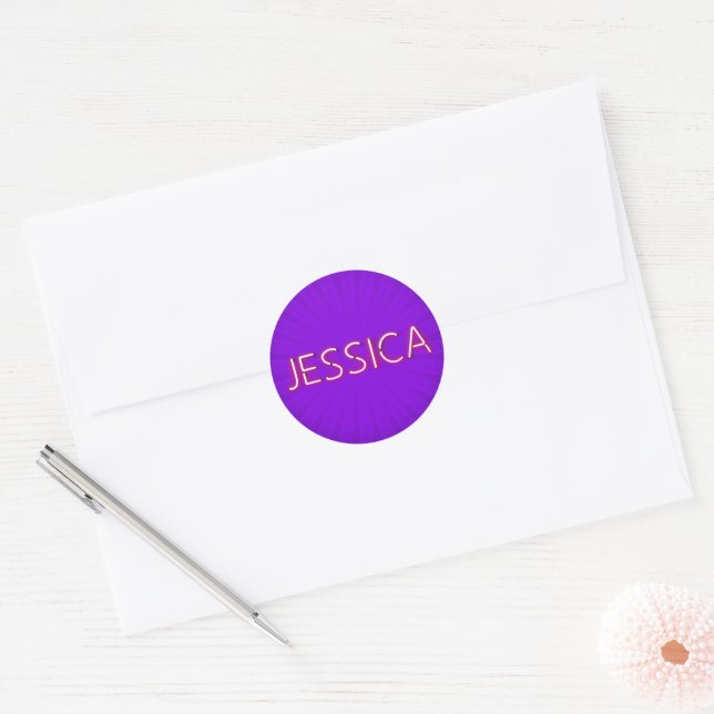 Jessica name in glowing neon lights classic round sticker (Envelope)