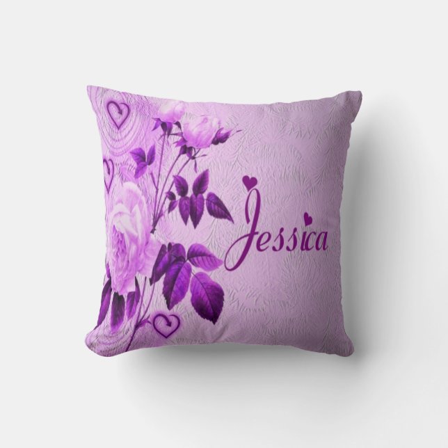 Jessica purple floral hearts cushion (Front)