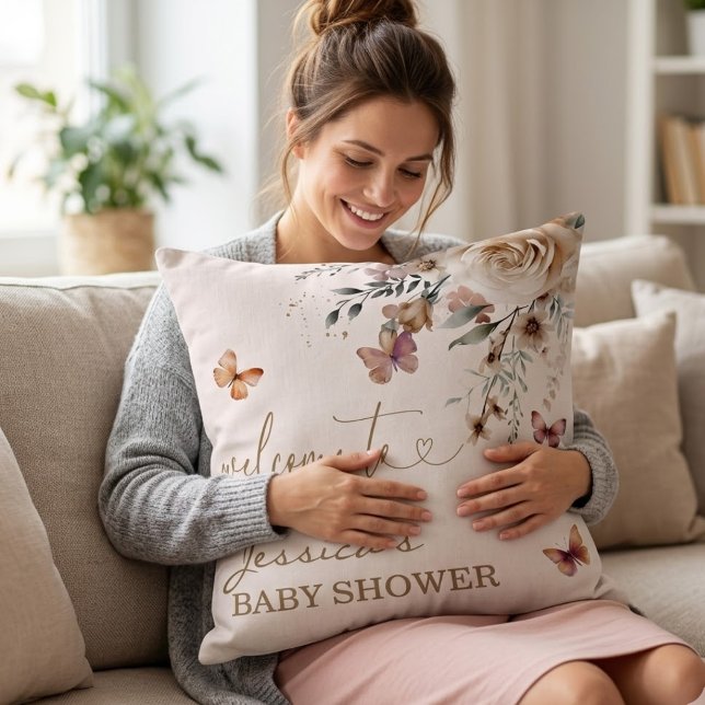 Jessica's Baby Shower Welcome Butterfly Floral Cushion (Creator Uploaded)