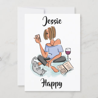 Jessie Happy with Cell, Wine and Cat Card