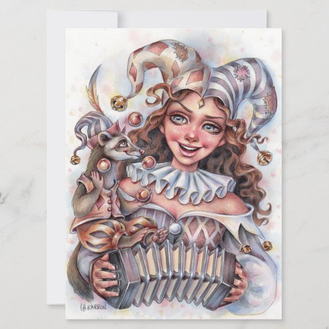 Jester Girl Music Ferret Clown Hat Fun Art Card (Front)