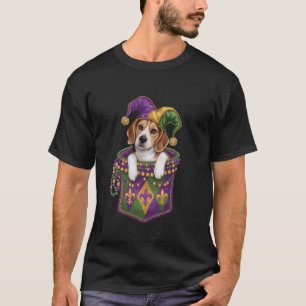 Jester Hat Beagle Dog in Mardi Gras Pocket T-Shirt