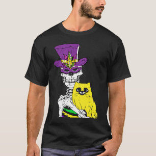 Jester Hat Skeleton Cat Mardi Gras Bones Carnival T-Shirt