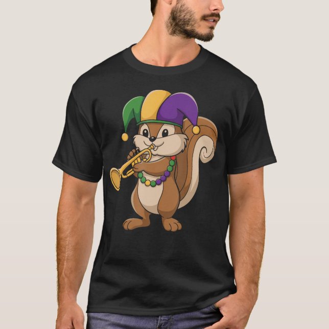 Jester Mardi Gras Squirrel Lovers Trumpet Beads Ca T-Shirt (Front)