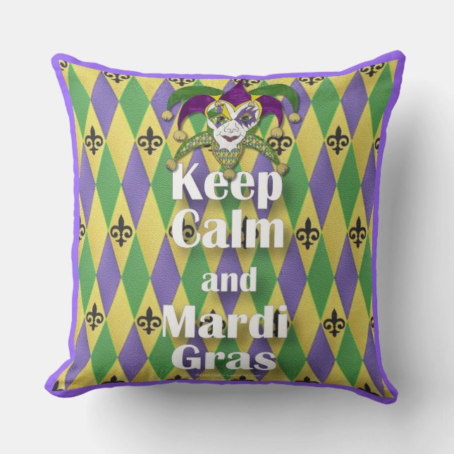Jester Mask Keep Calm and Mardi Gras Cushion (Front)