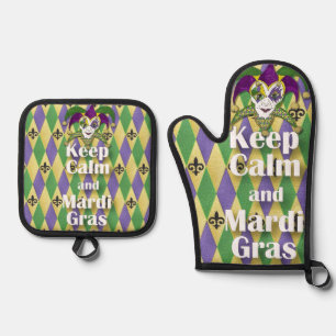 Jester Mask Keep Calm and Mardi Gras Oven Mitt & Pot Holder Set