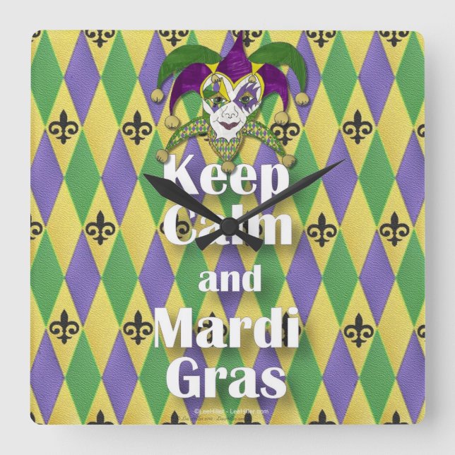 Jester Mask Keep Calm and Mardi Gras Square Wall Clock (Front)